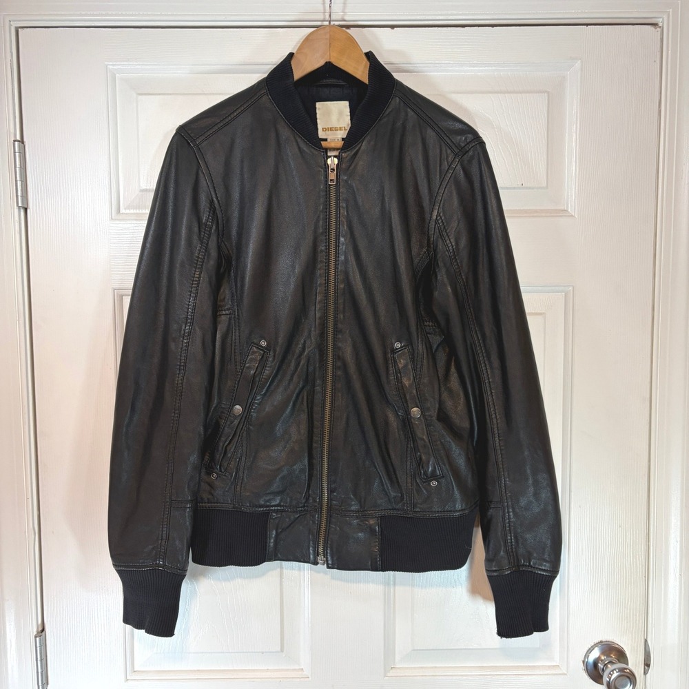 Diesel Lamb Leather Bomber Jacket Mens M Black Full Zip Moto Lambskin Luxury